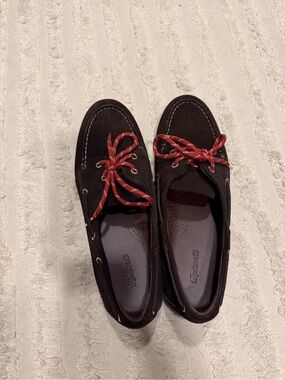 Madewell Dark Brown Suede Boat Loafers with Red Laces